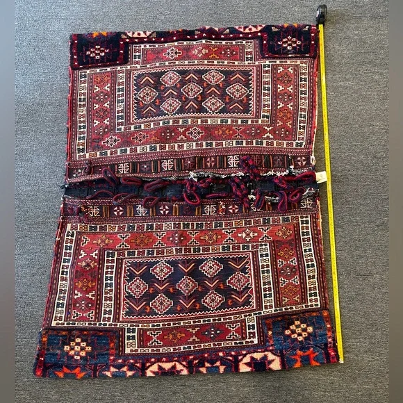 Vintage Tribal Patterned Red, Blue and CreamColored Camel Saddle Bag Woolen